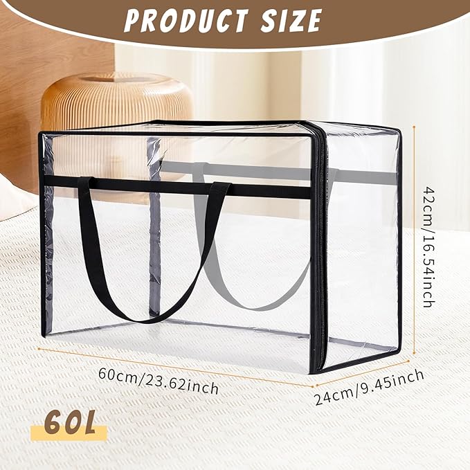 60L Clear Storage Bags Plastic Blanket Storage Bag Foldable Moving Organizers Containers with Zipper for Bedding Blanket Clothes Under Bed Holder - 2 Pcs