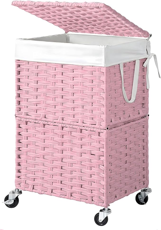 Chrislley 90L Slim Laundry Hamper with Wheels, Rolling Laundry Basket with Lid and Renovable Liner Bag, Handwoven Rattan Organizer for bedroom, bathroom, laundry room (Pink)
