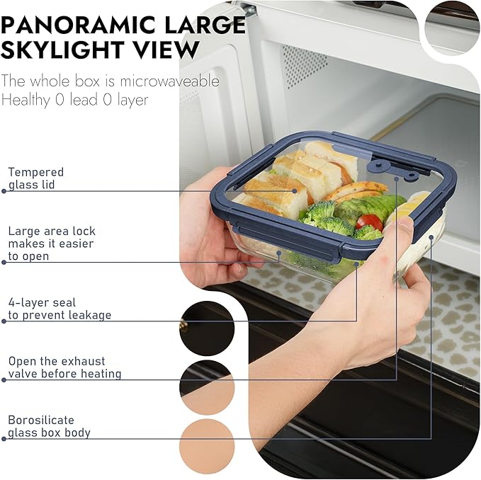 10-Pack Glass Food Storage Containers with Tempered Lids – Borosilicate, Airtight, Oven-Safe (-4°F~950°F), BPA-Free, 4.4 & 1.6 Cup, Leak-Proof, Dishwasher Safe (Blue)