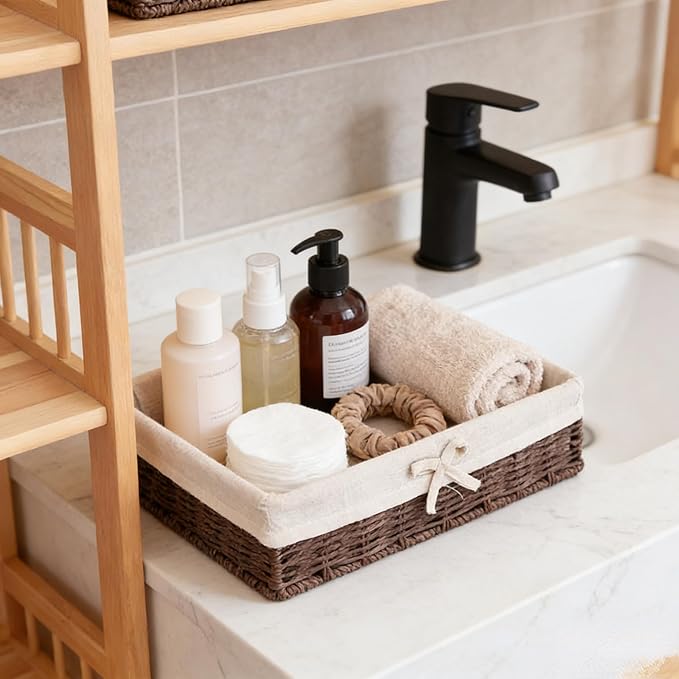 Set of 4 Storage Baskets for Shelves – Dark Brown Paper Rope, Fabric Lined Handwoven Shallow Rectangle Baskets, Decorative Bathroom Counter & Dresser Organizer Bins