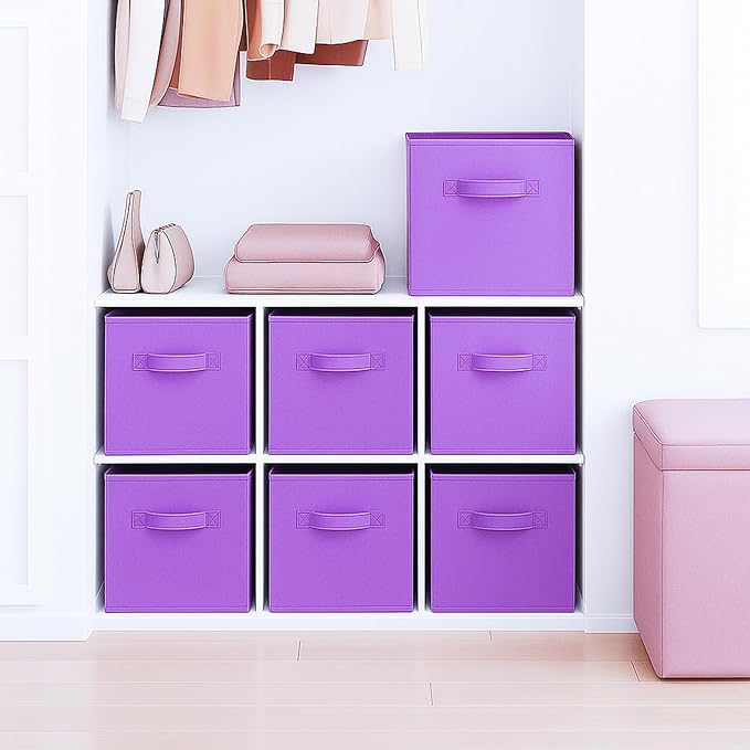 PowerKing Collapsible Storage Cubes with Handles, Fabric Foldable Bins for Closet Shelves, Durable Organization Storage Bins, 10.5'' x 11'' x 10.5'' (2Pack, Violet)