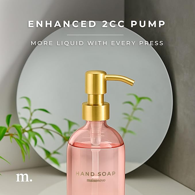 MaisoNovo Soap Dispenser 2-Piece Set | 16.9oz Pink Bottles with Gold Stainless Steel Pump Core