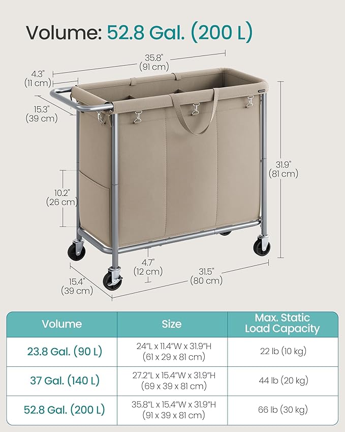 SONGMICS Laundry Basket with Wheels, 3-Section Rolling Laundry Hamper, 52.8 Gallons (200 L), Removable Liner, Steel Frame with Handle, 35.8 x 15.4 x 31.9 Inches, Camel Brown URLS005N01