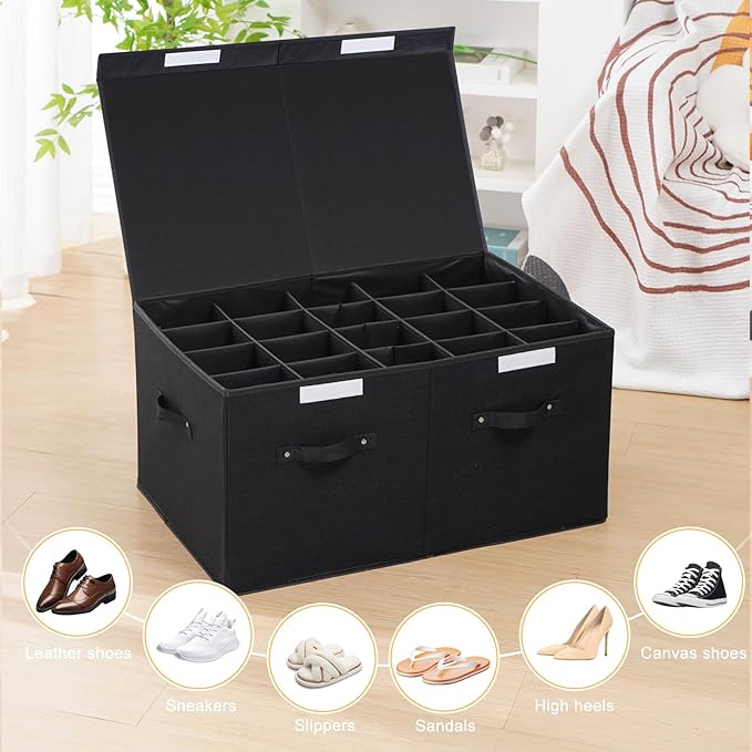 Large Shoe Organizer for Closet Fits 20 Pairs, Shoe Storage Box Bins Containers with Lid and Adjustable Dividers for Shoes, Sneakers and High Heeled, Hard Shell and Stackable （Black）