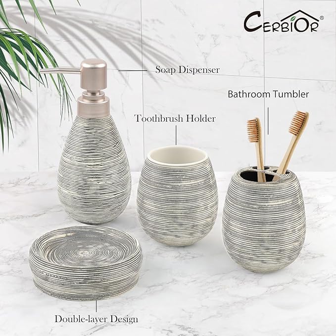 CERBIOR Bathroom Accessories Set,4 Pcs Ceramic Bathroom Decor Accessory,Includes Toothbrush Holder, Toothbrush Cup, Soap Dish for Decorative Countertop and Housewarming Gift(Grey 4pcs)
