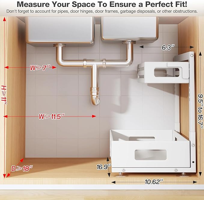 2 Pack 17IN-Depth Under Sink Organizer,Pull Out Cabinet Organizer With Smooth Cylindrical Rail,Metal Slide Out Drawer for Kitchen Bathroom Laundry,8-Level Tool Free Height Adjustable-White