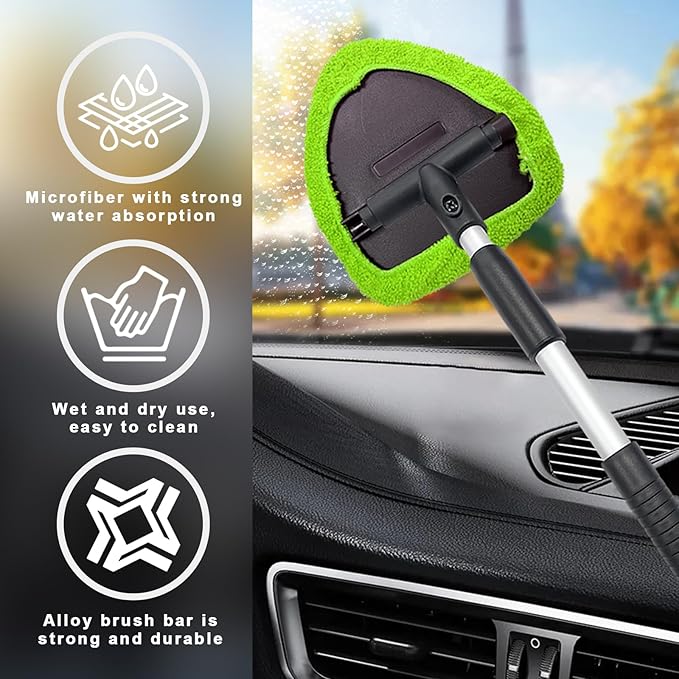 Ziciner Car Windshield Cleaner, Microfiber Auto Cleaning Wiper with Aluminum Extendable Handle and 2 Washable Reusable Cloth Pad Head, Universal Vehicle Interior Exterior Cleaner Kit (Green-Triangle)