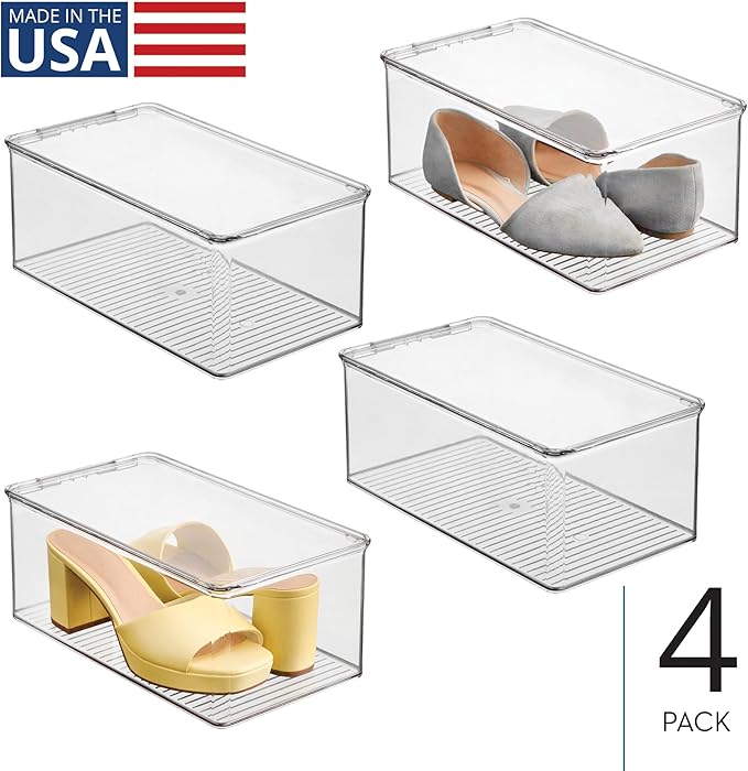 iDesign Stackable Shoe Box with Hinged-Lid for Wedges or Sandals, Set of 4, Clear, Made in USA