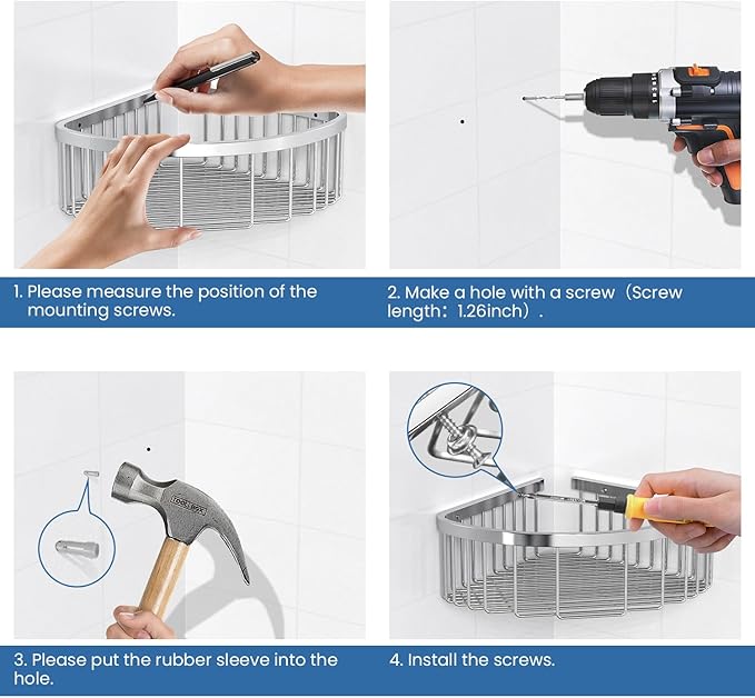 TENOVEL Shower Basket Brushed Stainless Shower Corner Shelf, Caddy Stainless Steel Rustproof, Organizer Wall Mounted Basket(Includes Screws)