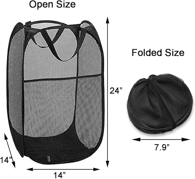 2 Pack Pop Up Laundry Hampers, Collapsible Mesh Laundry Basket, Foldable Clothes Hampers for Bathroom, College Dorm, Travel, Cruise (Black)