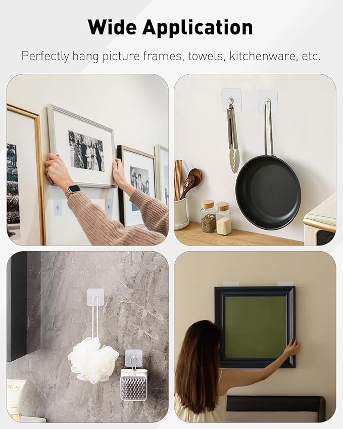 Uniclife 10 Pcs Self Adhesive Picture Hooks 40 lbs Load No Drill Screw Stickers 2.64" Heavy Duty Picture Hangers Without Nails Wall Hooks for Hanging Waterproof Frame Hangers Sticky Hooks for Bathroom