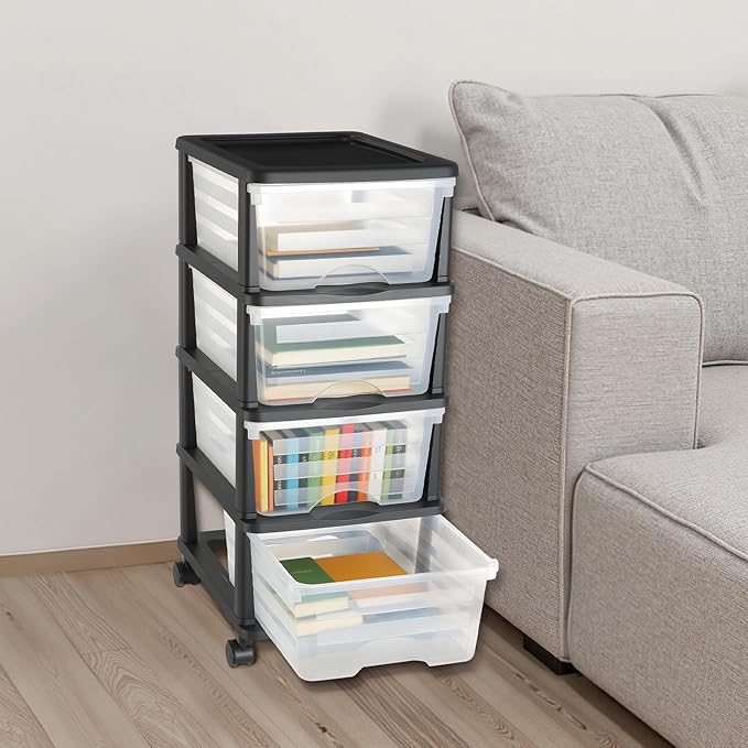 VEVOR Plastic Storage Drawers Cart, 4 Drawers Storage Organizer with Wheels, Rolling Closet Organization and Storage Dividers, Dresser Organizer Clear Bins for Office Supplies, Craft Rooms, Classrooms
