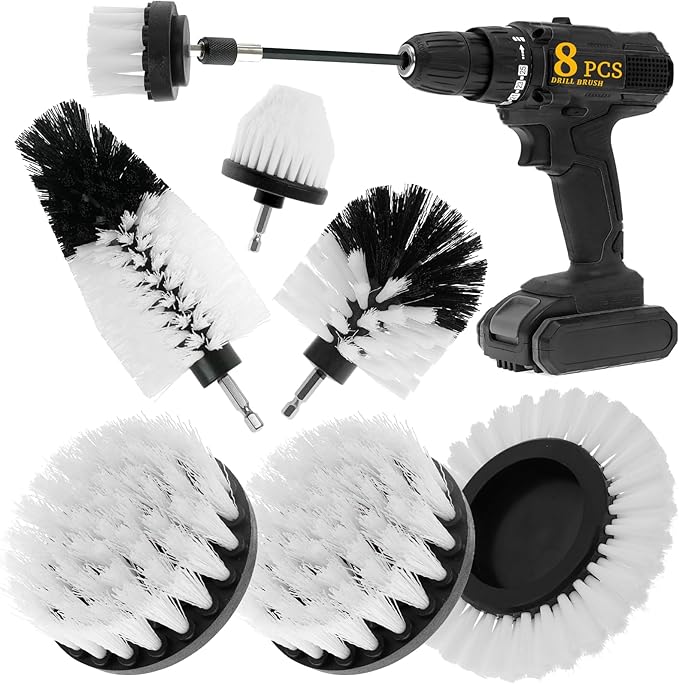 8 Pcs Drill Brush Attachment Set, Power Cleaning Scrub Brush Kit with Extend Long Attachment, All Purpose Drill Scrub Brushes for Car, Grout, Floor, Tub, Bathroom and Kitchen (White)