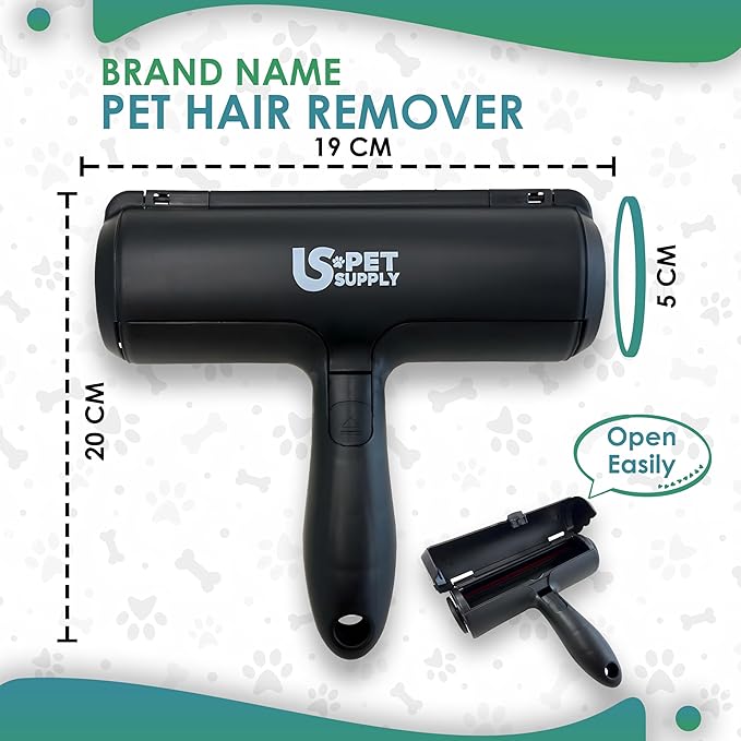 US PET SUPPLY Pet Hair Remover Roller-Reusable, Self Cleaning Lint Roller for Pet Hair Removal on Furniture, Carpets, Clothes & Car Seats-Dog & Cat Hair Remover No Sticky Tapes (Black)