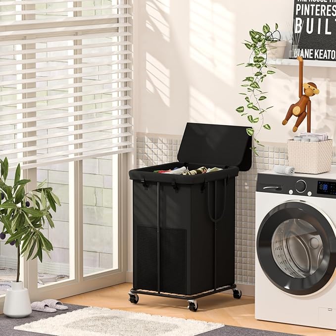 160L Large Laundry Hampers with Lid, Oxford Fabric Laundry Hampers, Metal Frame and Removable Bag Design with Wheels, Suitable for Bedroom, Bathroom, Dorm Room, Laundry Room (Black Lid Rope)