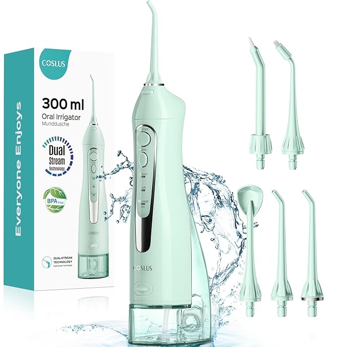 COSLUS Water Dental Flosser Teeth Pick C20(F5020E): Portable Cordless Oral Irrigator 300ML Rechargeable Travel Irrigation Cleaner IPX7 Waterproof Electric Flossing Machine for Teeth Cleaning, Green