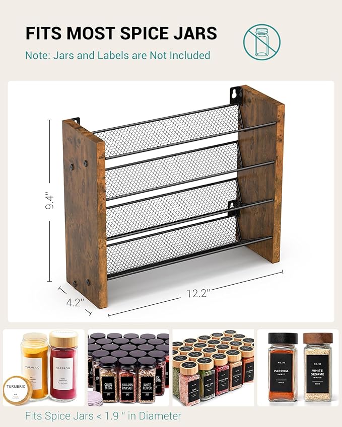 NESAPTO Spice Rack Organizer for Cabinet, Wooden 4 Tier Vertical Seasoning Organizers for Kitchen Pantry, Countertop/Wall Mount, Holds 24 Spice Jars (No Jars Included),12.2" W × 9.4" H