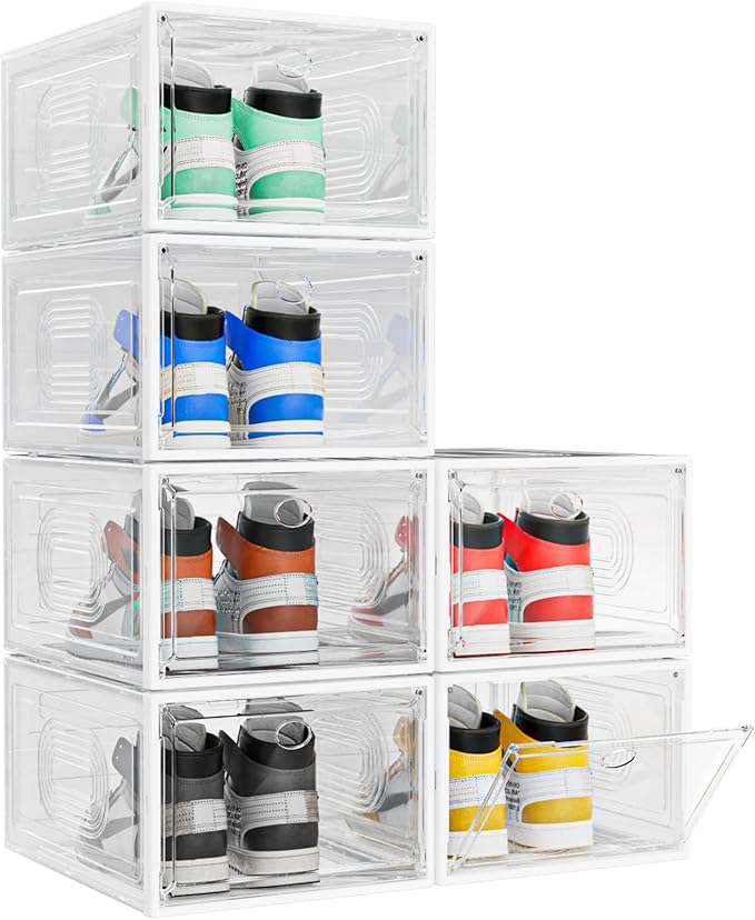 caktraie 6 Pack Thicken Shoe Organizer Stackable,Upgraded Sturdy Shoe Storage Box with Magnetic Door,Shoe Containers for Sneaker Display,White