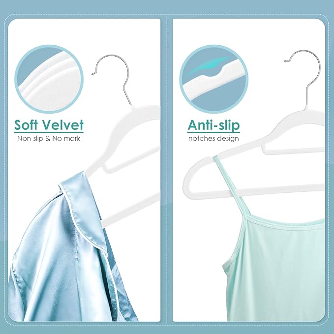 Velvet Hangers Non Slip Felt Hangers, 50 Pack White Velvet Clothes Hangers Space Saving Slim with 360 Degree Swivel Hook for Suits Coats, Jackets, Pants, and Dress Clothes