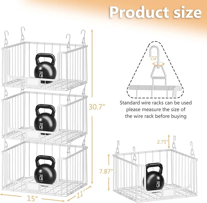 3-Pack Hanging Laundry Organizer, Stackable Wire Shelf Storage with Label Cards, Foldable Metal Baskets with 360°Rotating Hooks,Space-Saving for Laundry Room, Closet & Pantry ,11"×15" Large,White