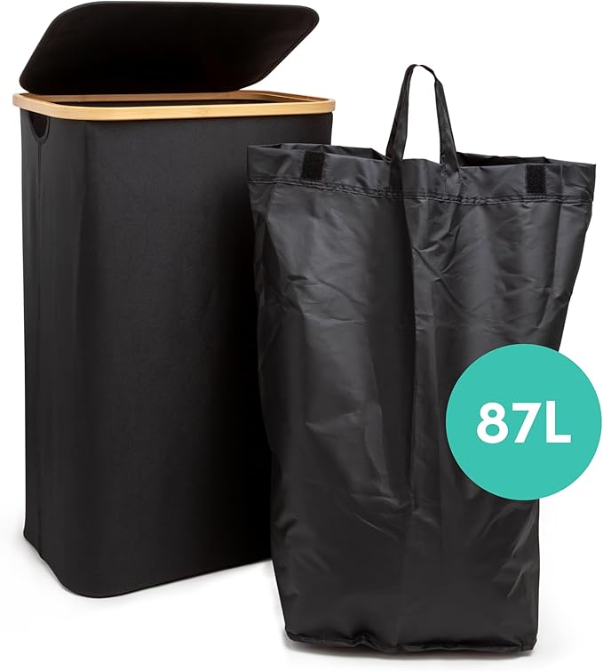 QUALIAZERO 87L Laundry Hamper with Lid – Single Section Bamboo Frame Hamper with Removable Inner Bag & Pull-Tab Cover, Slim Design for Bedroom, Bathroom, or Laundry Room (ONYX BLACK, SINGLE)