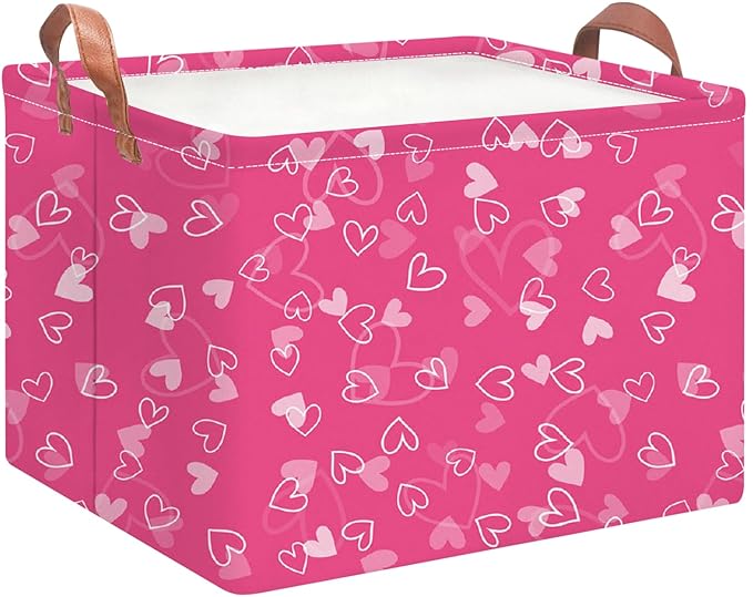 Rectangular Pink Heart Storage Basket,Gift Basket Empty,Heart Print Storage Basket with Handles,Books Box,Room Decor(Pink Hearts)