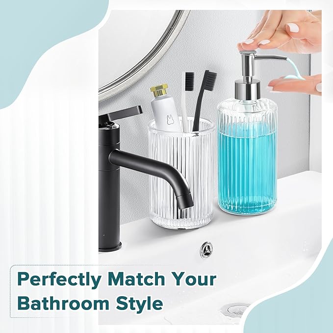 Bathroom Accessories Set, 4 Pack Clear Glass Bath Accessory Sets Complete, Ribbed Soap Dispenser and Toothbrush Holder Set with 2 Qtip Holders, Modern Sliver Bathroom Counter Decor