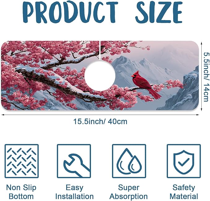 Christmas Welcome Winter Sink Faucet Absorbing Mat Cardinal Bird Super Absorbent Fast Drying Mat Sink Gadgets Behind Faucet Sinkmat for Kitchen Bathroom, 15.5"x5.5"