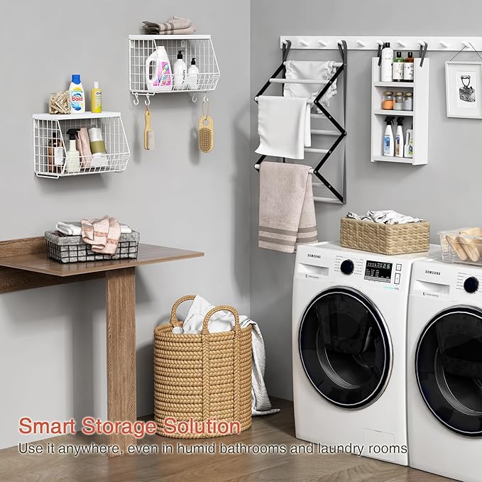 Wall Mount Bathroom Storage Basket, Fruit Produce and Vegetable Baskets for Kitchen Counter, Hanging Wire Storage Basket for Laundry Room Bedroom Closet Pantry Boys Girls Room (White)