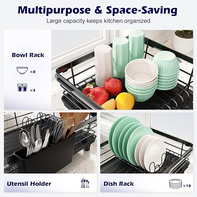 In Sink Dish Drying Rack, Expandable Over The Sink Dish Rack for Small Kitchen, Space Saving Stainless Steel Black Dish Drainer with Utensil Holder, 14.1"-21.2" L x 11"W, Compact Plate Dryer Strainer