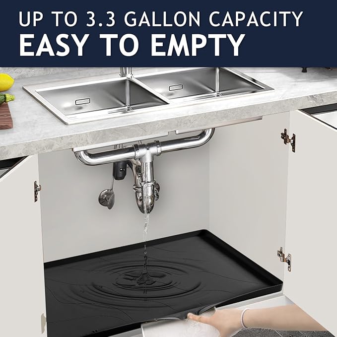 Heavy Duty Silicone Under Sink Mats for Kitchen Waterproof 19" x 19", Extra Thick Under Sink Rubber Mat Drip Tray, Raised Edge Under Sink Liner,Prevent Drips, Leaks, Spills,Black