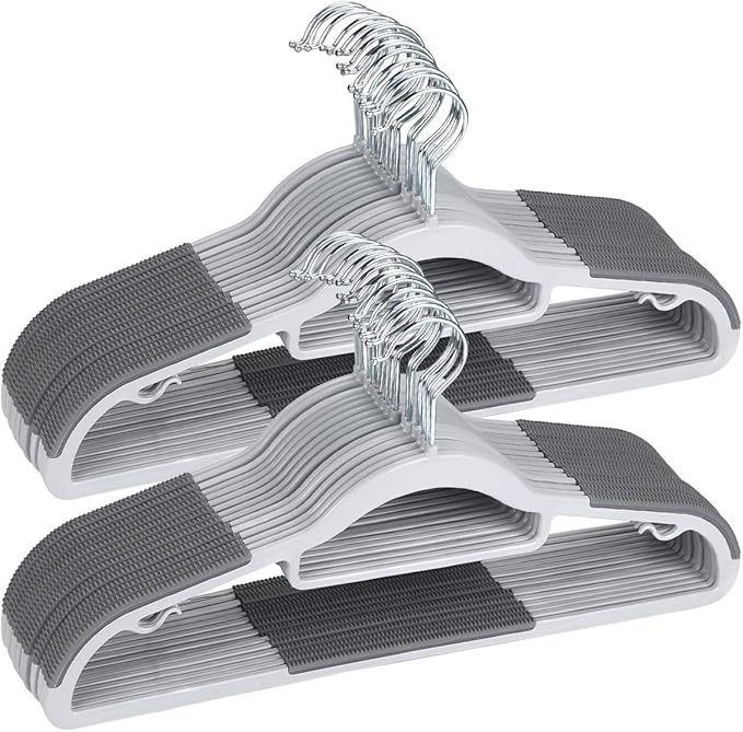 OIKA Hangers 50 Pack, Non-Slip Plastic Hangers, 0.2" Thickness Slim Coat Hangers – Heavy Duty,Space-Saving (16.5inch-Grey)