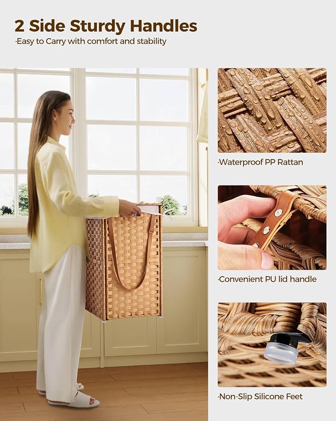 Greenstell Laundry Hamper with Wheels, No Install Needed, 110L Divided Handwoven Hampers & 2 Removable Liner Bags, Synthetic Rattan Clothes Laundry Basket with Lid & Handles, Foldable Hampers Natural