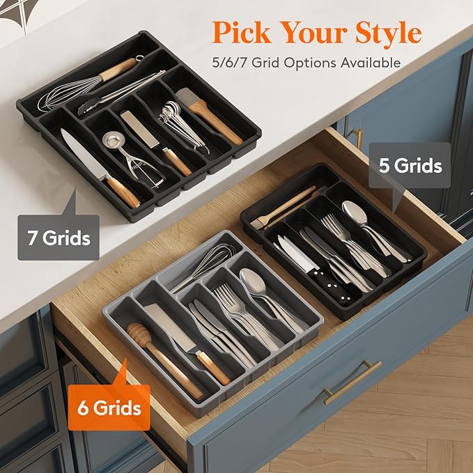 Lifewit Silverware Drawer Organizer Tray, Plastic Cutlery Storage for Kitchen, Flatware and Utensil Holder Divider for Spoons Forks Knives Tableware, 12.4 x 11.7", 6 Slots, Gray