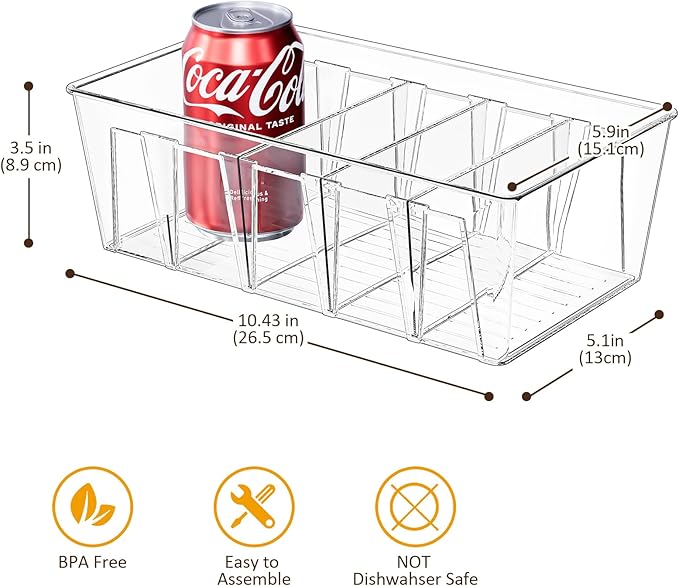 Puricon 4 Pack Pantry Organization and Storage Bins for Kitchen Fridge Countertop Cabinet, Stackable Clear Plastic Storage Racks with Removable Dividers, 5 Compartments for Snacks Packets Spices