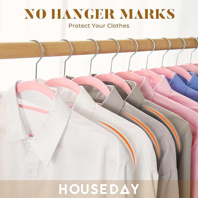 HOUSE DAY Velvet Hangers 20 Pack, Non-Slip Hangers with Tie Bar, Premium Standard Clothes Hangers Slim Felt Hanger 360° Swivel Hook for Closet Organized Storage Elegance Pink 72g/Pc