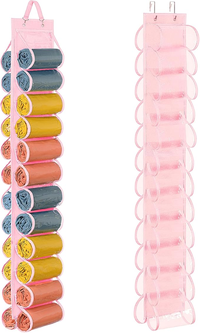 Lirex Hanging Yoga Legging Storage Organizer with 24 Pockets, Foldable Oxford Cloth Hanging Closet Organizer Shirts Jeans Storage Hanger Socks Holder for Family Closet Bedroom, Pink