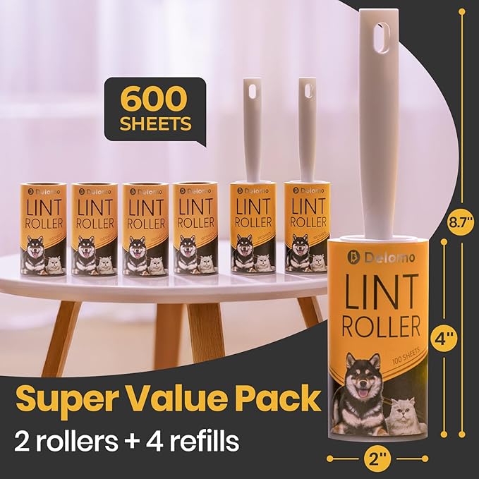 DELOMO Lint Roller 600 Sheets (2 Rollers + 4 Refills) - Lint Rollers for Pet Hair Extra Sticky, Mega Value Pet Hair Removal Tool for Clothes/Couch/Furniture/Car - Ideal Home Gift for Pet Owners