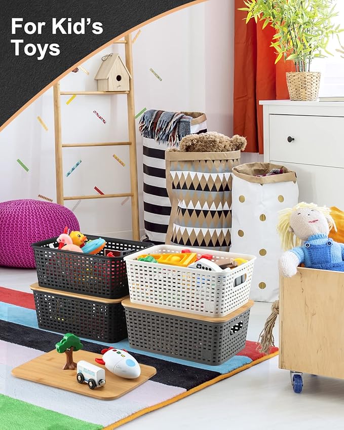 AREYZIN Storage Bins with Bamboo Lids Set of 6 Lidded Storage Container Plastic Baskets Organizer Bins for Organizing Kithen Room Bedroom Office Closet, Sturdy(White)