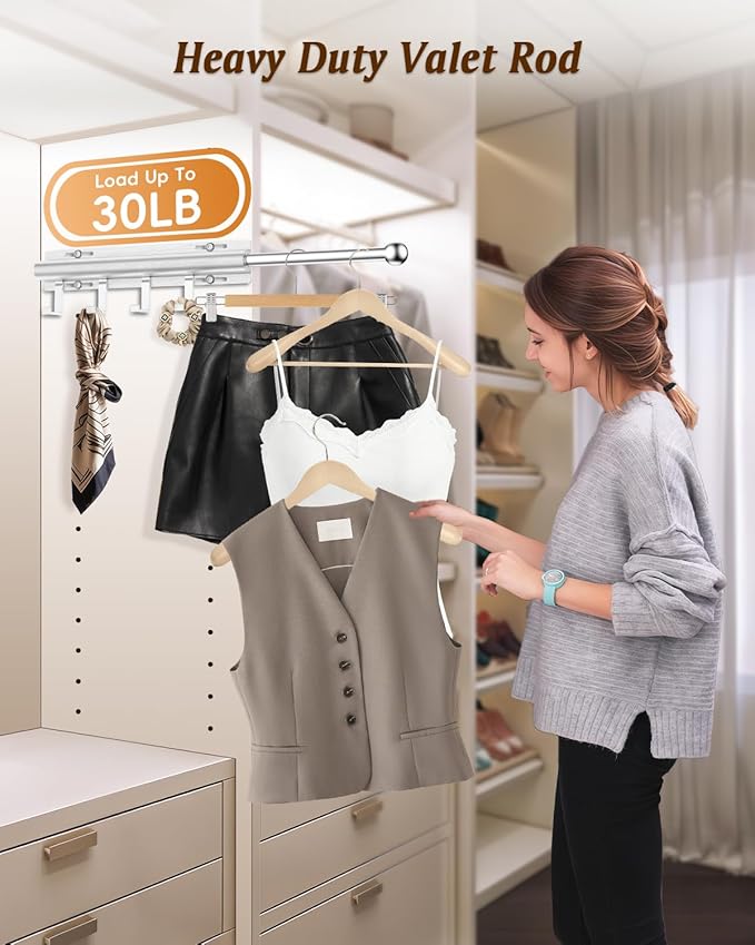 Valet Rod for Closets, 12" Valet Rod With 4 Large Hooks, Closet Organizer Slide Out Clothing Hanger Rods Extender Perfect for Suits,Dresses,Belt,Tie, Polished Chrome