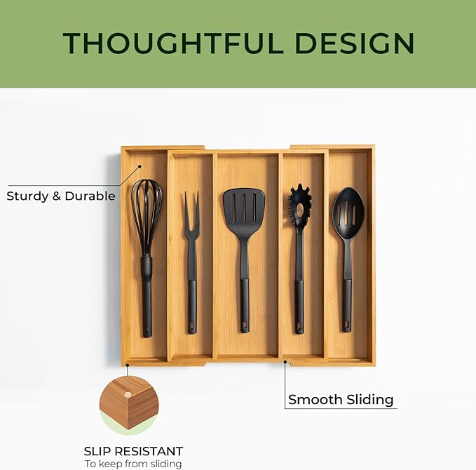 Carbonized Bamboo Kitchen Drawer Organizer, 5 Slots Expandable Silverware Organizer, Utensil Holder & Cutlery Tray, 2.2" Deep for Extra Capacity, Non-Slip Feet Included.