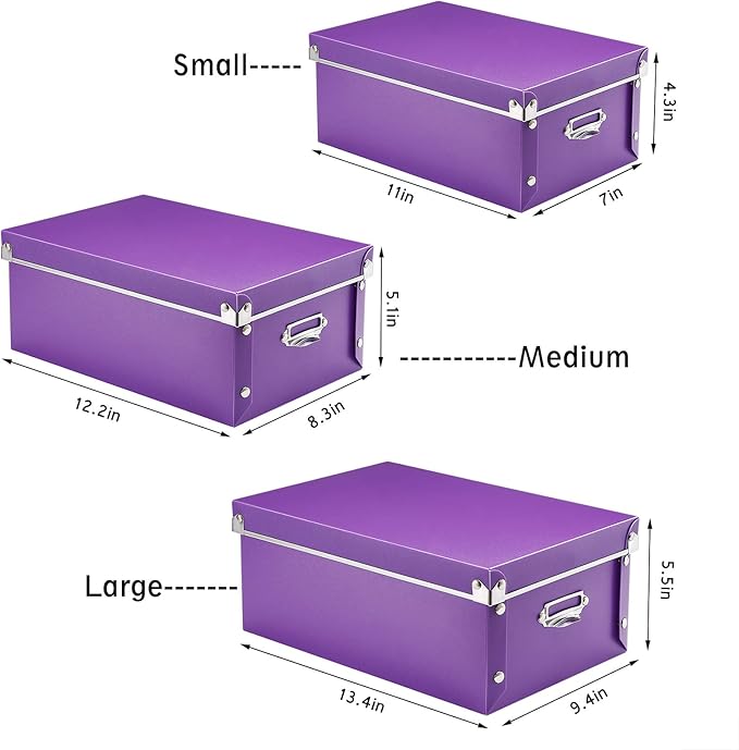 SEEKIND Storage Box, Decorative Storage Bins with Lid,3 in 1 Set,Press-Stud Fastening,Moisture-proof,Foldable for Space Saving Storage,for Clothes, Cosmetic,Blankets (Purple)