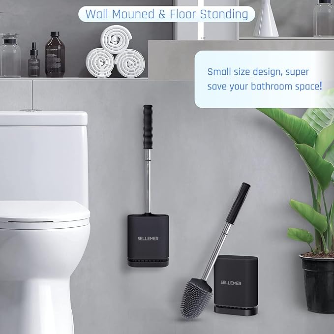 Sellemer Toilet Brush and Holder Set - Flexible Toilet Bowl Brush Head with Silicone Bristles, Compact Size for Storage and Organization, Ventilation Slots Base (3 Pack, Black)