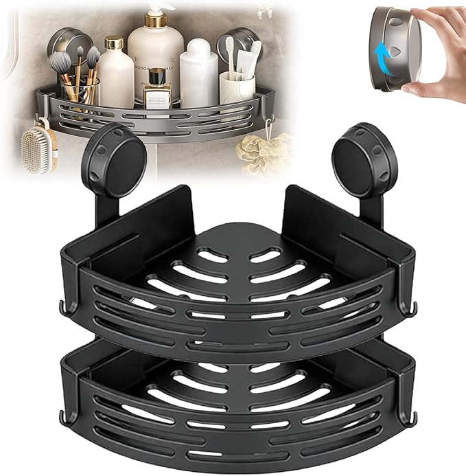 Triangle Suction Cup Shower Caddy,No-Drill Bathroom Corner Shelf with Hooks,Heavy-Duty Strong Hold, ABS and Heightened Design, Corner Shower Caddy Suction Cup for Kitchen and Bathroom (Black*2)