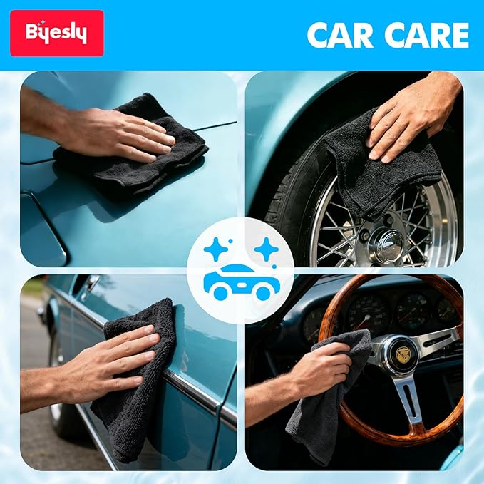 Microfiber Cleaning Cloth, 11.5x11.5 Microfiber Towels for Cars, Dishes & House, for Detailers, Chefs & Efficient Home | Scratch-Free, Lint-Free, Ultra Absorbent(Black)