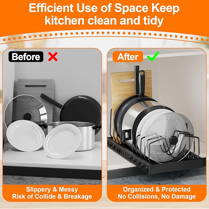 Pots and Pans Organizer for under Cabinet Pull Out Cabinet Organizer Sliding Pot and Pan Organizer in Kitchen, Cabinet Pull Out Shelves, for Pots, Lids and Pan Organizer with Two Types of Shelves