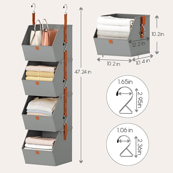 Hanging Closet Organizer 4 Tier - Clothes Hanging Shelves, Space-Saving Closet System, Fabric Storage Bins Bedroom Organization, Collapsible Baskets for Home, Dorm, Rv, Grey
