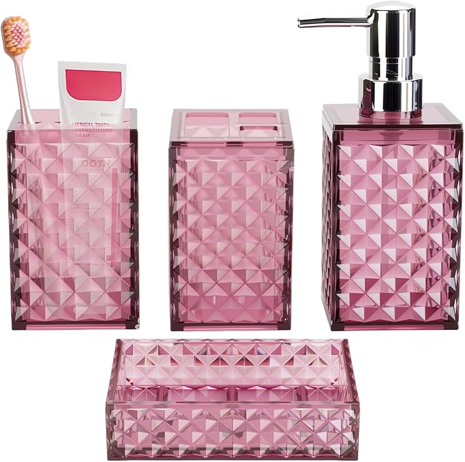 Bathroom Accessory Set, Grid Pattern 4 Pcs Plastic Bathroom Set Include Soap Dispenser, Soap Dish, Toothbrush Holder, Mousewash Cup, Modern Bahtroom Décor Set(Burgundy)