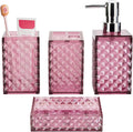 Bathroom Accessory Set, Grid Pattern 4 Pcs Plastic Bathroom Set Include Soap Dispenser, Soap Dish, Toothbrush Holder, Mousewash Cup, Modern Bahtroom Décor Set(Burgundy)