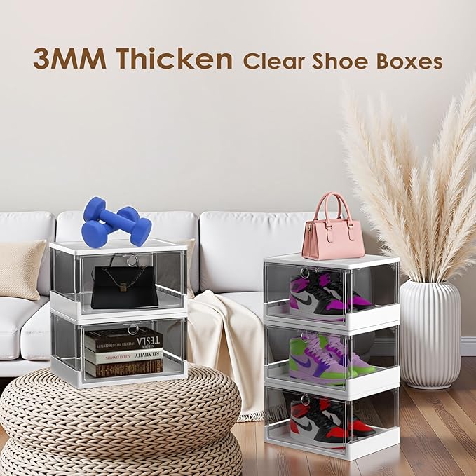 Thicken & Sturdy Clear Shoe Boxes with Magnetic Door, 3 Pack Stackable Multi-functional Shoe Storage, Shoe Organizer for Closet, Space Saving, 360 ° Dustproof & Moisture-proof, Fits Up to US Size 13
